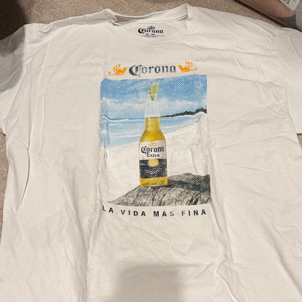 Corona Extra White Tee with Beach Bottle Graphic